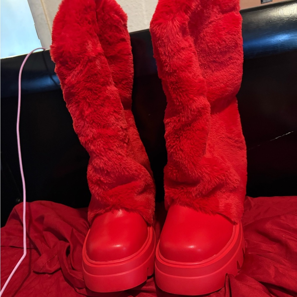 Statement Red Faux-Fur Over-the-Knee Platform Boots